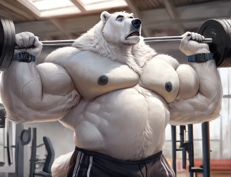 huge muscular polar bear Dad in big Gym, grunting, polar bear, huge white fur, thick arm, huge arm, bearded. Short white hair and white beard, white mustache, bearded white, (muscular, pectoral, wide pectoral, thick arms), correct anatomy, gym, lifting up ...