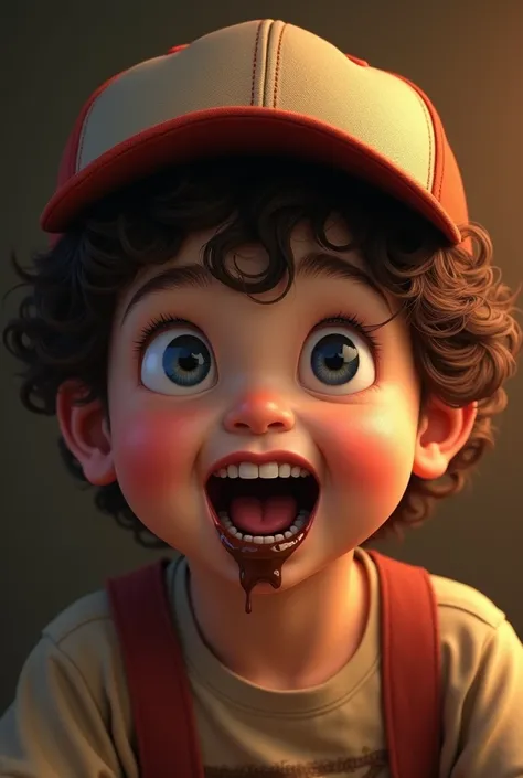 11 year old chubby boy, chocolate on his mouth, curly hair, baseball cap, detailed facial features, highly detailed, intricate details, photorealistic, 8k, ultra-detailed, masterpiece, warm lighting, vibrant colors, cinematic