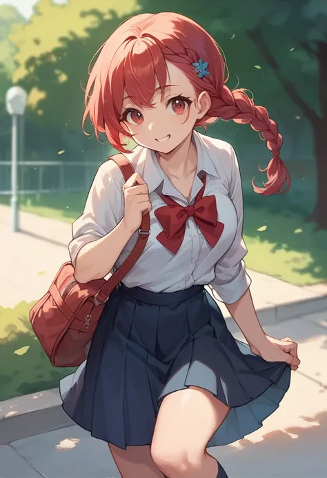 Cute little female girl,red hair,school girl,Braid,skirt,in the park