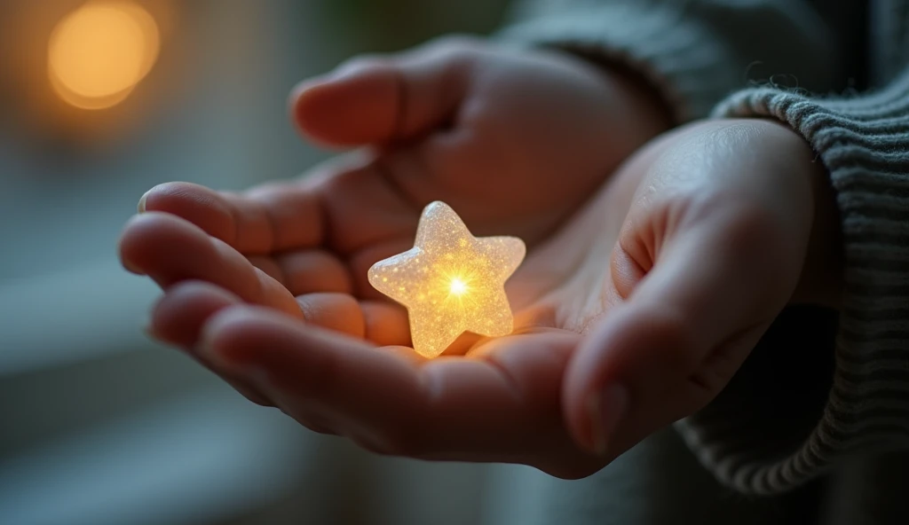 A close-up of a person’s hand holding a small, imperfectly shaped, yet beautiful, celestial object like a star or moonstone. The background is softly illuminated, emphasizing the beauty in imperfection. -ar 16:9