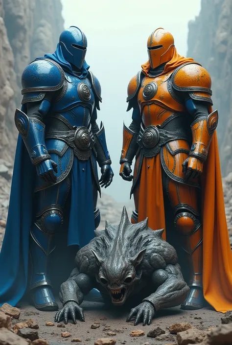 1 blue armored warrior with a closed blue helmet and 1 orange armored warrior with a closed orange helmet over the dead body of a gray demon 
