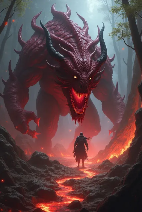 Create an image of a chaos monster that enjoys devouring Nephalem , it has the form of a very powerful demon and is dark and red and is in a lush battlefield, surrounded by human corpses and tall burning trees, lava everywhere, as the monster devours a Nep...