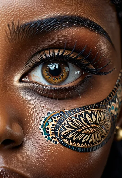 "close-up of a black woman's eye, now with a deep black iris, surrounded by intricate designs and patterns that complement her s...