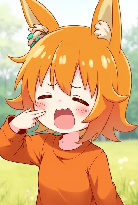 Super cute anime character in a bright orange outfit, bright orange hair, feeling sleepy, yawning and covering mouth with hand
