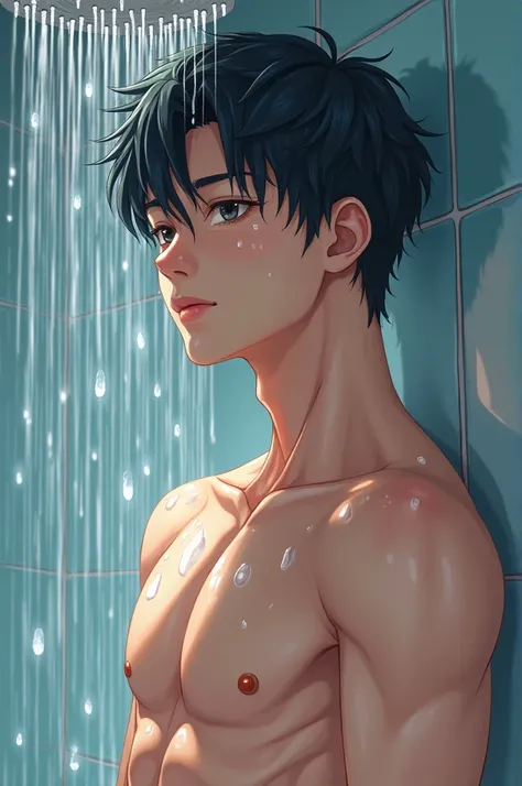 asian man, style of anime, close under the shower, hairless, Unclothed