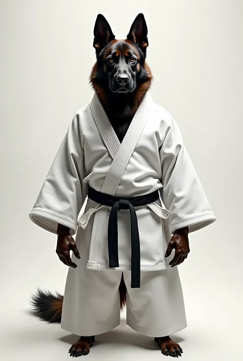 German Shepherd dog with a white kimono, black belt in jiu jitsu, angry