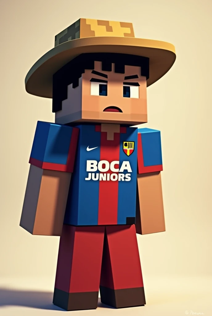 Minecraft "Villager" with a brown robe and a straw hat exactly as it appears in the game, with a Boca Juniors national team shirt that has the inscription of "Boca Juniors" winking. that is not realistic, make the image pixelated style