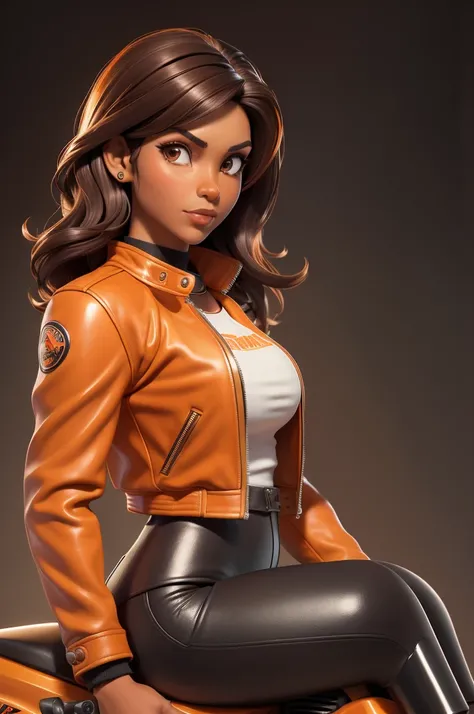 obra prima, melhor qualidade, ((only one woman,)) ((kristi noem, dark tan skin, dark brown wavy bob hair)) looking over shoulder at me, massive erect cone tits, ((wearing metallic orange leather biker moto jacket,)) ((jacket has padded shoulders, jacket ha...