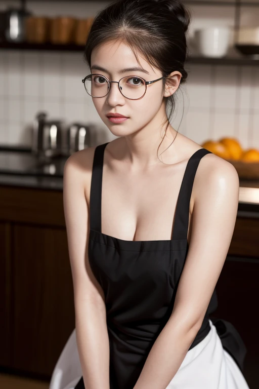 Highest quality, masterpiece, Ultra-high resolution, (Realistic:1.4), RAW Photos, 1 person, Black Hair, Glowing Skin, Dramatic lighting, whole body, Female dog, , Small breasts,((Glasses、))、Naked Apron、Put your hair up

