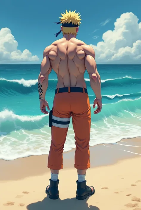 Naruto on the beach with a prominent and protruding backside while wearing a plunging neckline, looking at the sea from the back. 