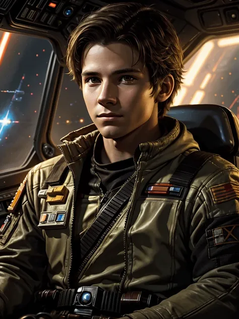 portrait of a young 21 year old male rebel alliance pilot from naboo, x-wing fighter cockpit, lucas arts, star wars