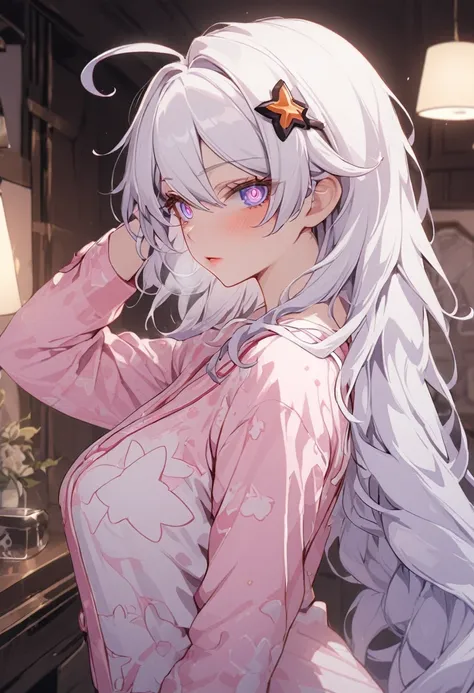 (masterpiece), best quality, expressive eyes, perfect face,detail eyes,4k,Score_9, score_8, score_7_up,1girl, good hand,solo,

Kiana Kaslana ,(Honkai Impact 3rd), Messy hair,symbol-shaped pupils, hair ornament, ahoge, very long hair, purple eyes,White hair...