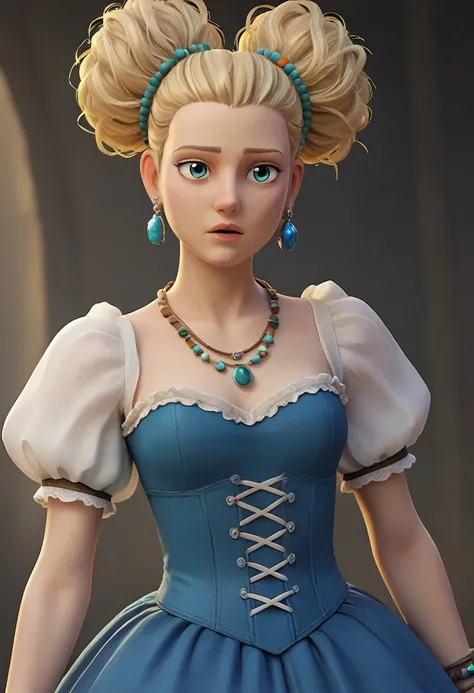 score_9, score_8_up, score_7_up,  score_6_up, BREAK, Goldilocks, blonde hair, hair ornament, hair bun, earrings, blue corset, necklace, puffy short sleeves, bracelet, 