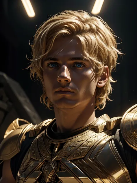 cinematic film still featuring alexander the great with blonde short hair, portrait focuses on sharp features, reflective intens...