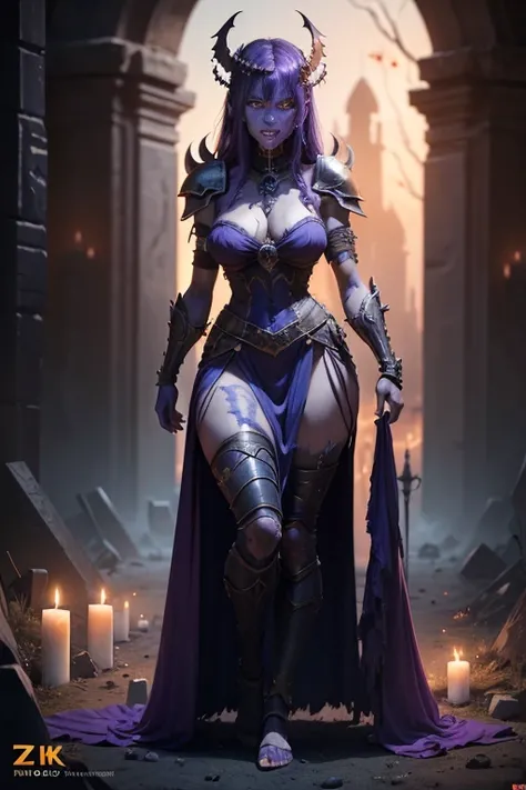 Decomposing warrior zombie woman, full body blue and purple clothes, thick-thighs, Perfect feet, safada, in mummified armor from a dark cemetery with candlelight, Her expression is cheerful and terrifying, blood in her eyes and mouth, sexy clothes, realisi...