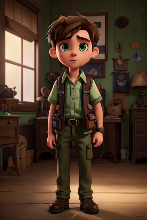 A 12 year old boy with green eyes, afraid, brown hair, braces, walkie-talkie, detailed face, portrait, cinematic lighting, moody atmosphere, realistic, photorealistic, 8k, highres, detailed textures, beautiful colors, dramatic shadows, intricate details