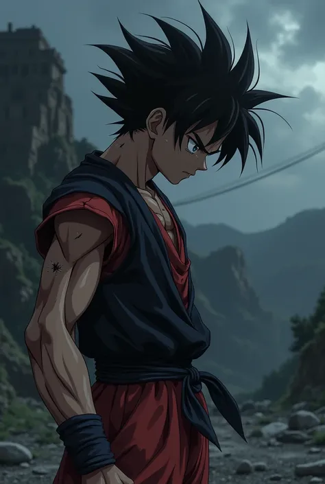 Goku, young adult, black messy hair, dull gray eyes without shine, broken and ripped demonic high school outfit, wearing a torn black and red school uniform,  Ripped black pants, weak and dull aura, background of a desolate and dark landscape, dramatic ani...