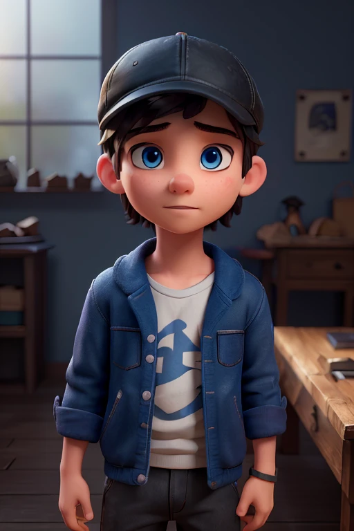 masterpiece,8k,photorealistic,highly detailed,HDR,cinematic lighting,a confident  boy wearing a backwards cap, blue eyes, black hair,detailed facial features,shallow depth of field,warm color palette,moody atmosphere