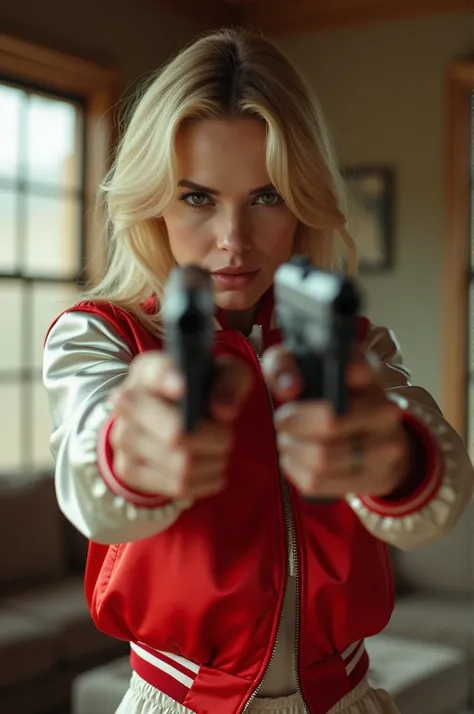 wide field of focus, living room background, wasteland,, fragments, soft feminine red and white satin bomber jacket,  blonde woman holding 2 pistols，pointing pistols at camera, fighting stance，almost perfect, pure form, intricate details, 8K post-productio...