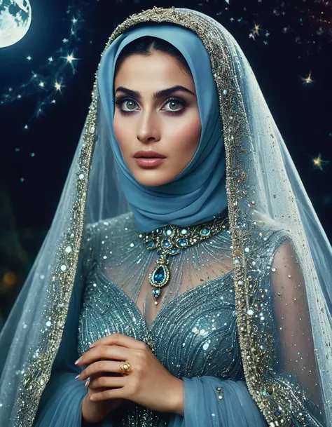 celestial beautiful and elegant Hazrat cinderella 1990 live - action movie first look, grainy, vhs filter, wearing glittery tulle cape and glittery tulle cloak as ancient and enigmatic muslim prophetess with irresistible holy aura, invites infidels to isla...