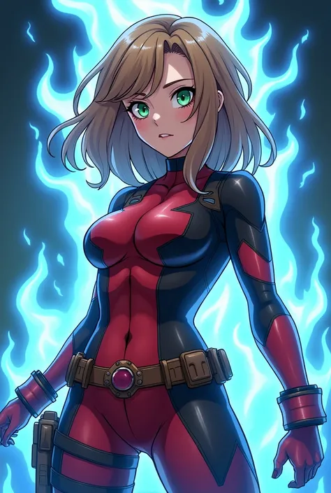 Light brown haired woman, by the wide, White skin, green eyes, hero suit deadpool, hourglass body, with blue flames behind, Anime my hero academia 