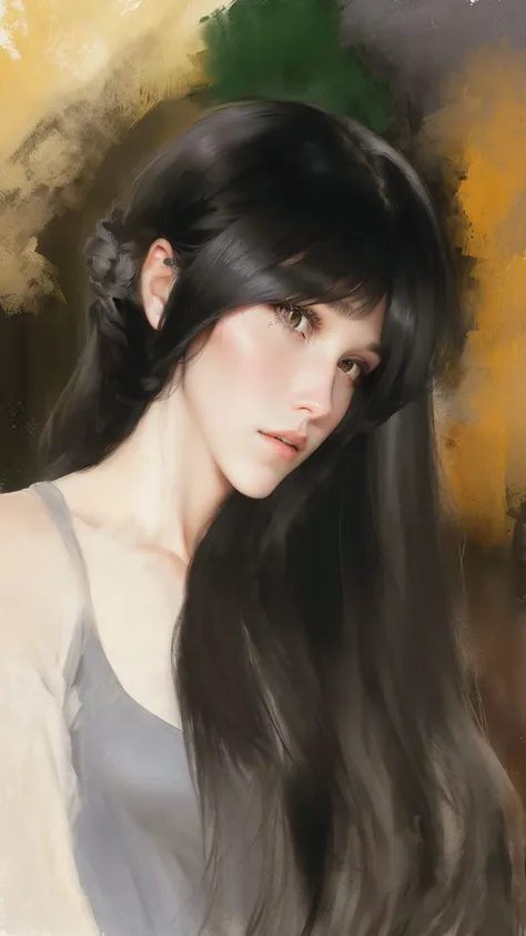 a portrait of a woman with long hair wearing a gray shirt, # 史上最伟大的 1 幅digital painting, #史上最伟大的 1 幅digital painting, 艺术digital ...