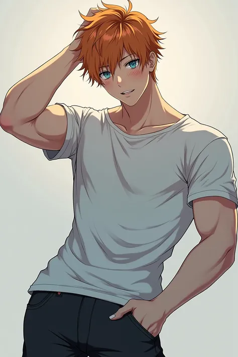 A slightly muscular man with orange hair, blue eyes, Freckles, dressed in a white t-shirt and black leggings, a beautiful anime masterpiece, realistic, high quality, 8k, super detailed, cinematic lighting, bright colors.