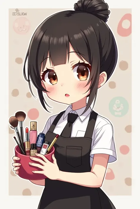 20-year-old woman with short, black hair tied up in a bun, Brown eyes, with red lips, wears a white shirt, tie, black pants and apron, is holding beauty products, chibi anime style