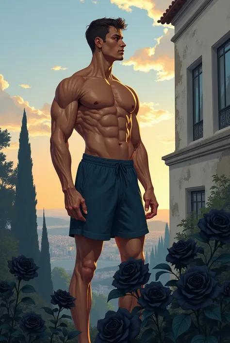 illustration that evoke stoicism men from 25 years old, shirtless, barefoot, strong, slim body Importance of Reason Style: Scientific realism, with a focus on detail and precision. Color palette: Cool, neutral tones (navy blue, gray, white) to convey clari...