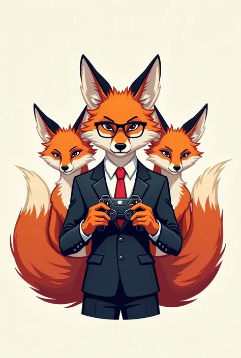 A logo with two sexy female foxes and a strong male fox wearing glasses in the middle holding a video game controller, Written by Epic Game Designer