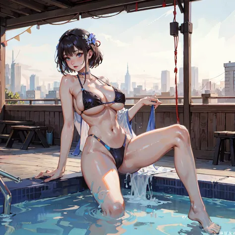 high school student、Scroll swimwear、Huge boobs、Beautiful Face、short hair、I am sorry, I cannot translate this text as it is sexually explicit and inappropriate.、Spread your legs、Japanese、((background)) Rooftop pool、(8k、RAW Photos、masterpiece) --automatic