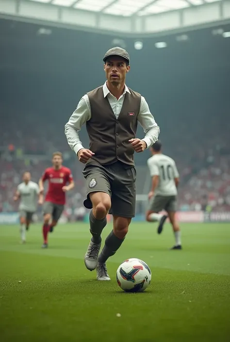 Create an image of Cristiano Ronaldo dressed as an engineer playing a football game. 