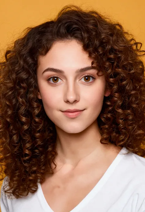 Create an innovative and fun profile picture for a brunette woman with curly hair, large honey eyes, small mouth, Short, wide nose, 18 years old and a digital influencer 