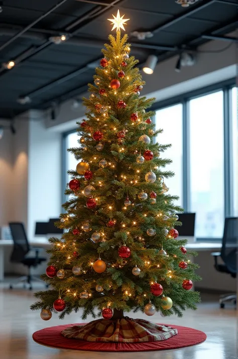 There is a Christmas tree in the office.