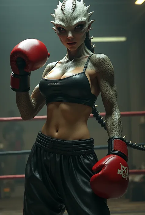 A female Xenomorph-like alien boxer with a large chest, wearing a leather tube top with large, soft red boxing gloves and Muay Thai pants.