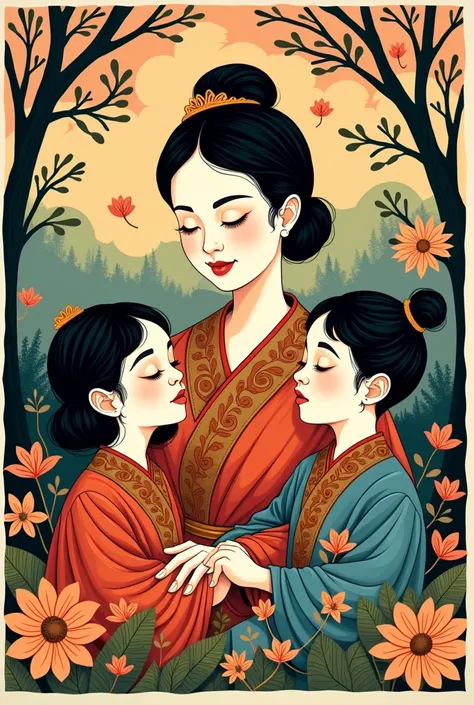 colored woodcut of a woman with two children