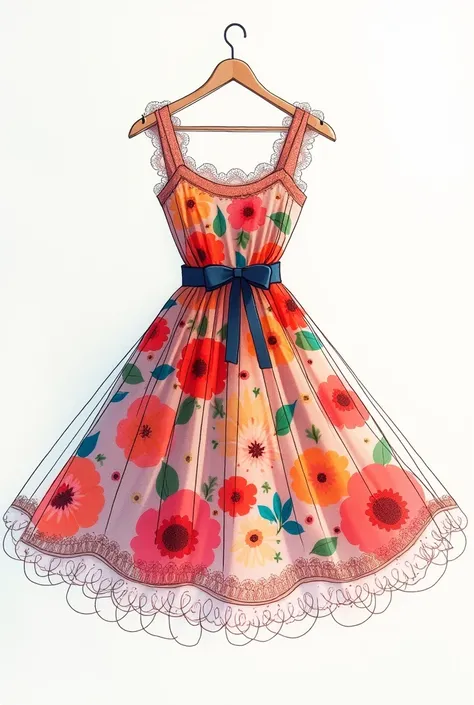  sketch of a dress with flowers on its fabric and bright colors and short lace  