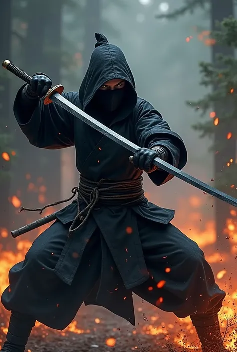 A ninja samurai fighting with his black fire sword
