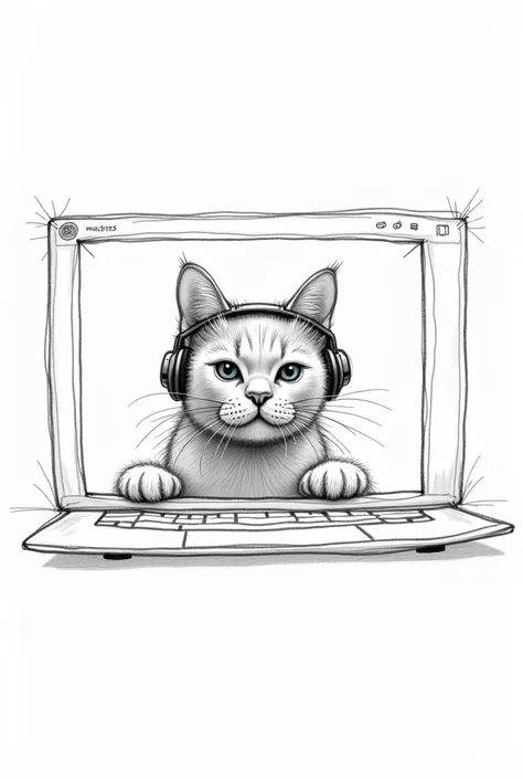 sketch (drawing) of a cat in a video call with clients and headphones  (that the video call screen is visible) (que el drawing del gato se vea a través de la pantalla de la vídeo llamada)(drawing a lápiz)