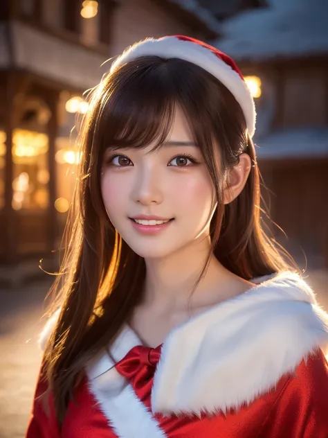 head shot,A 25 year old japanese girl, detailed cutie face,cutie smile, balanced detailed eyes, detailed droppy eyes, extremely detailed face, slender body, short hair, (Santa Claus costume:1.25), snowy night town, (best quality,4k,8k,highres,masterpiece:1...