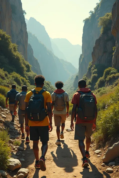 Male black Friends hiking along side jesus in adventurous journey facing back in modern time trip