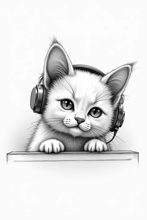 sketch (drawing) of a cat in a video call with clients and headphones  (that the video call screen is visible) (que el drawing del gato se vea a través de la pantalla de la vídeo llamada)(drawing a lápiz)