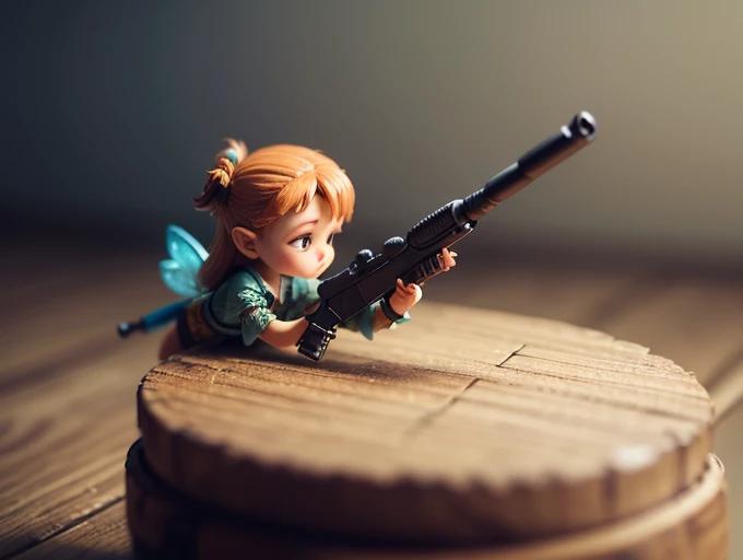 Minature, little fairy without wings , trying to push gun trigger, gun is on the table, high resolution, depth of field, high detailed, masterpiece, 32k, isometric perspective