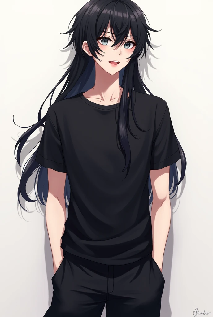 man, full length, anime art, young, long black hair to the shoulders, beautiful facial features, grey eyes, thin build, realistically, shows tongue, sexual, masterpiece, in a black T-shirt and loose black leggings.