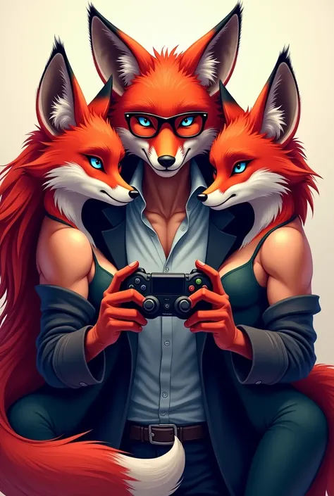 A logo with two sexy female foxes, being with red hair ,  and a strong male fox wearing glasses in the middle holding a video game controller, Written by Epic Game Designer