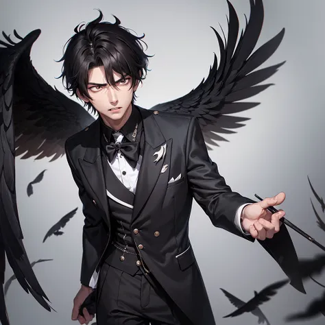 Handsome young male with black wings crying with an angry look, staring at the humans around him. 