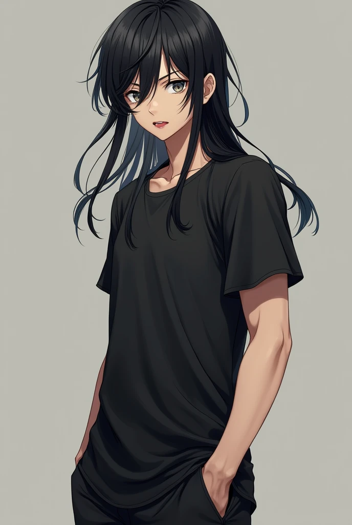 man, full length, anime art, young, long black hair to the shoulders, beautiful facial features, grey eyes, beautiful slender physique, realistically, shows tongue, sexual, masterpiece, in a black T-shirt and loose black leggings.