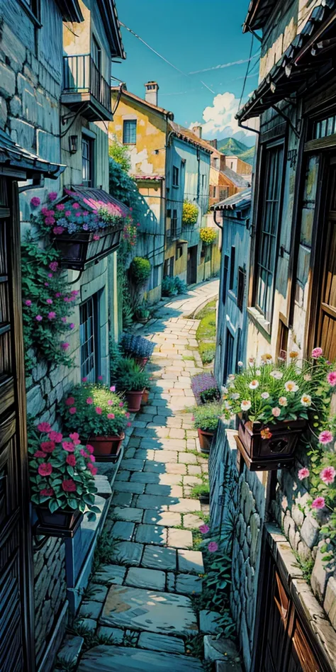 a painting of a narrow street with potted flowers, by Frances Jetter, greek art, by Demetrios Farmakopoulos, narrow street, ancient mediterranean village, greece, colorful landscape painting, gorgeous painting, architectural painting, vibrant gouache paint...