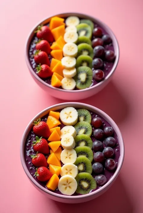 Acai bowls with beautiful toppings featuring the most common fruits in Brazil. Arrange the fruits in rows.