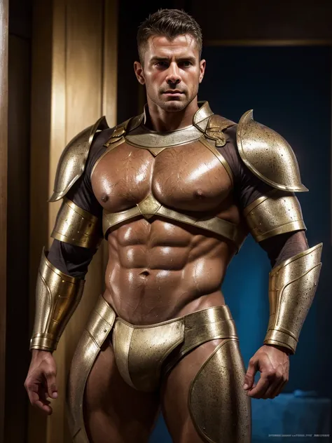 a muscular male warrior handsome full body portrait, tanned ultrarealistic sweaty skin, chiseled chest, abdomens, ultra quality, sharp details, cinematic style, hyperrealist photo, soft lighting, poster, photorealistic, crisp detail, soft focus, depth of f...